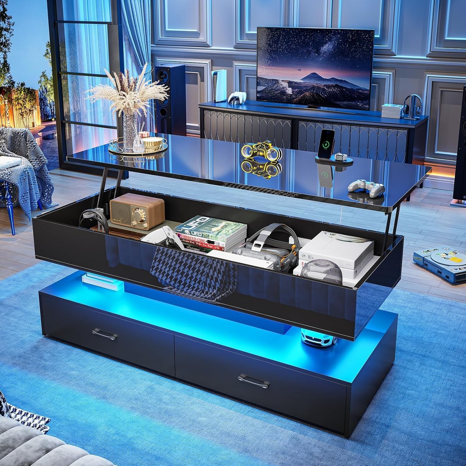 47.2″ Lift Top Coffee Table wih 2 Drawers & LED Light for Dining Reception Room