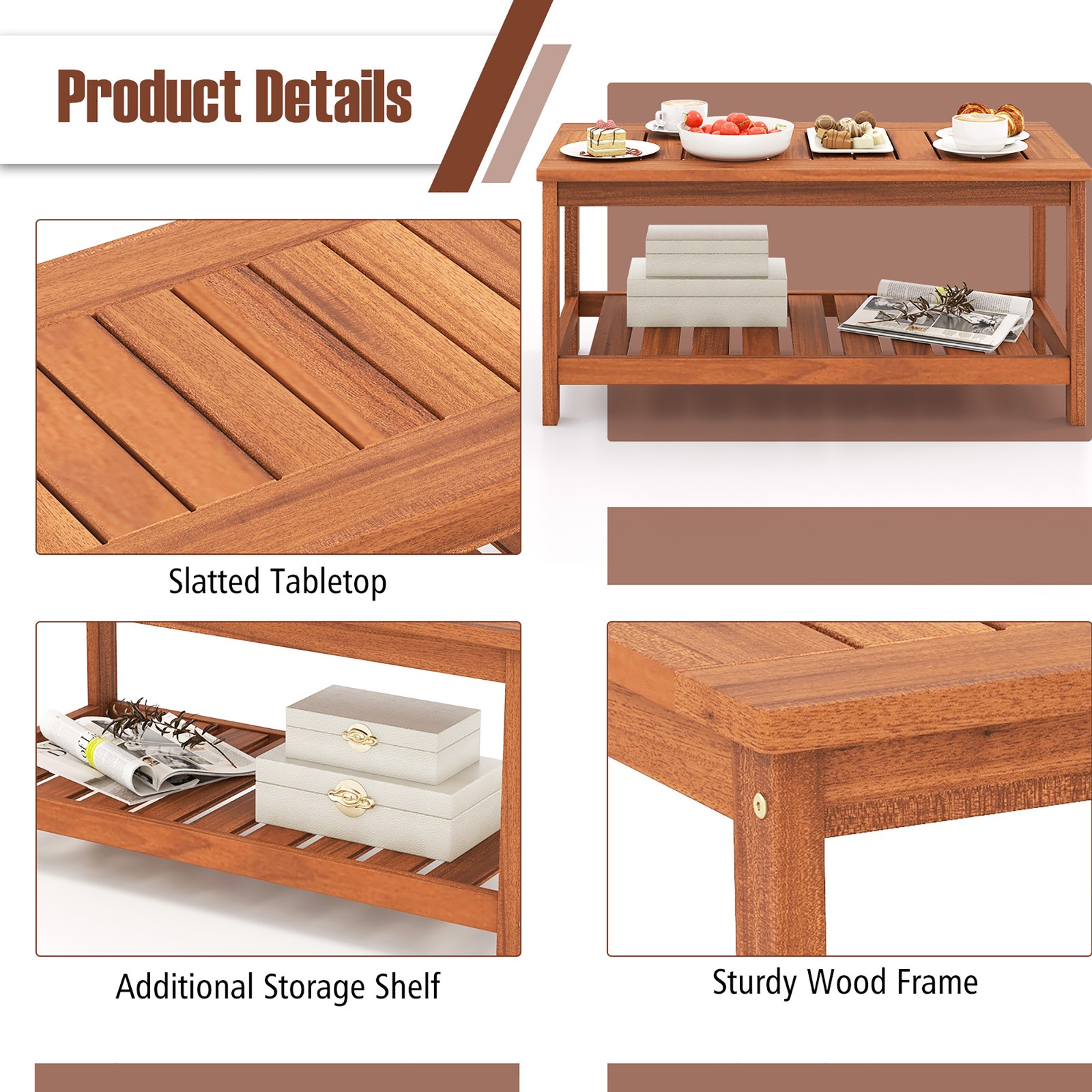 Hardwood Patio 2-Tier Coffee Table w/Slat Tabletop,Storage Shelf Natural