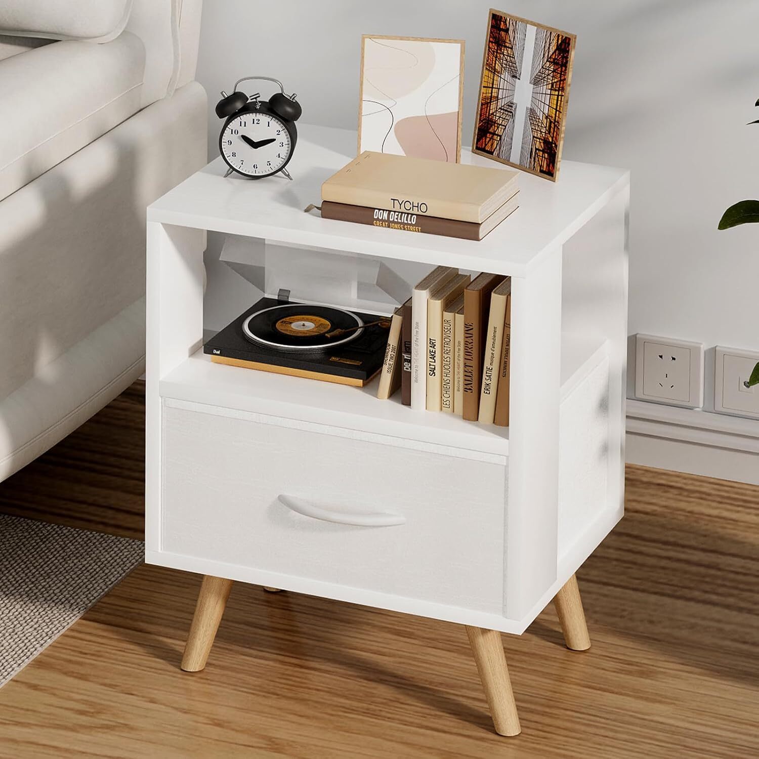 NIGHT STAND WHITE KIDS NIGHTSTAND WITH DRAWER NURSERY SIDE TABLE WITH OPEN STORA