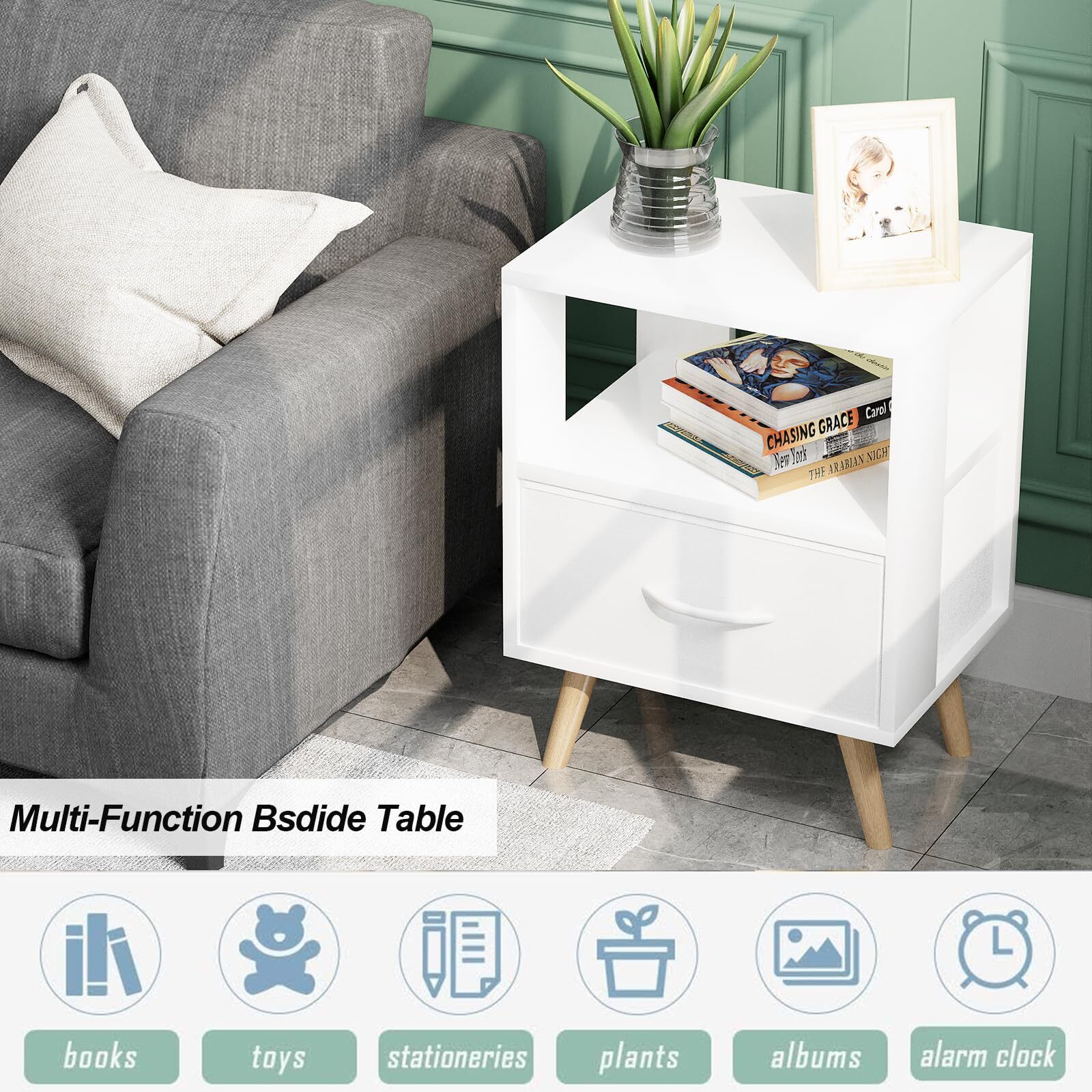 NIGHT STAND WHITE KIDS NIGHTSTAND WITH DRAWER NURSERY SIDE TABLE WITH OPEN STORA