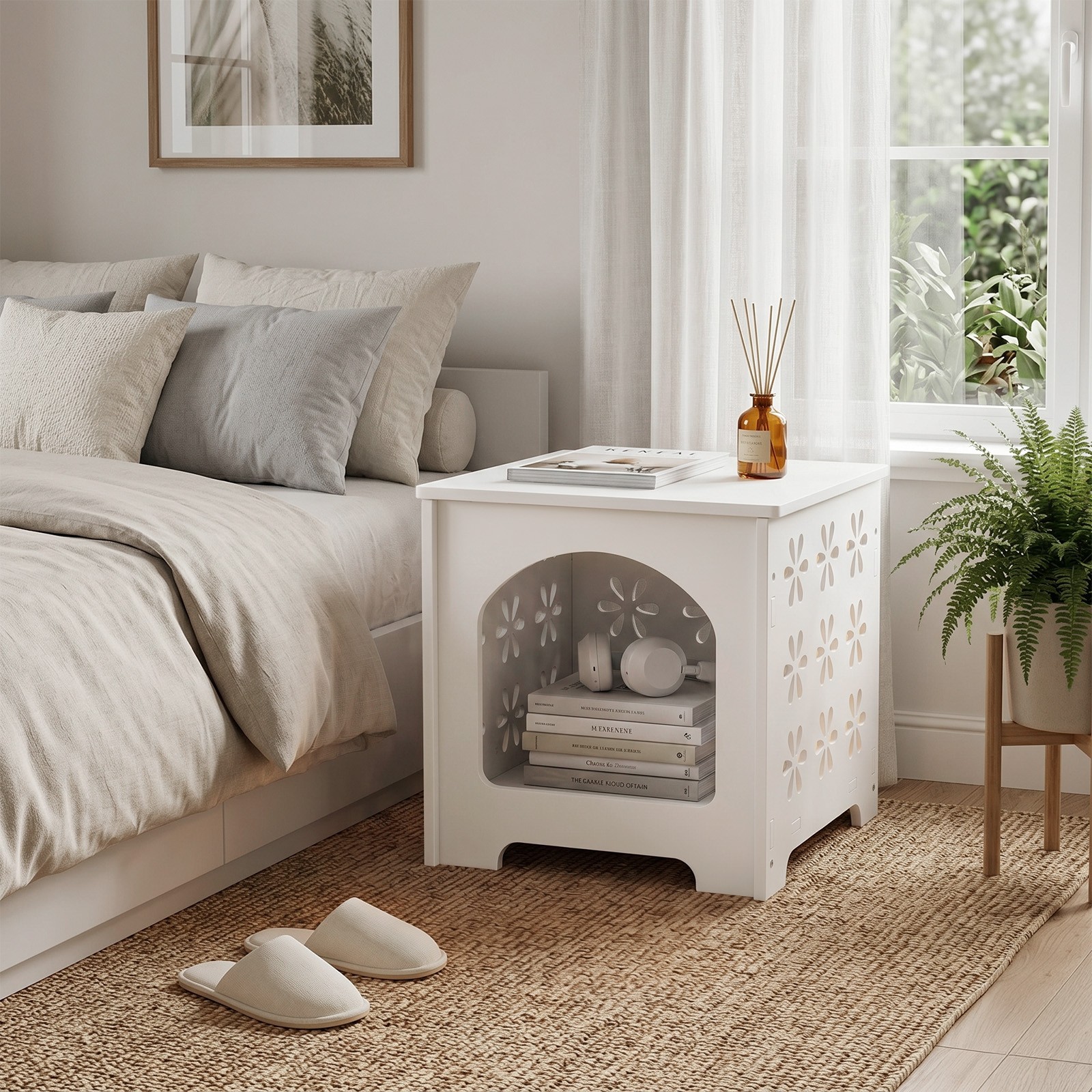 Small Side Table Living Room Bedroom PVC Bedside with Storage Rack for Indoor