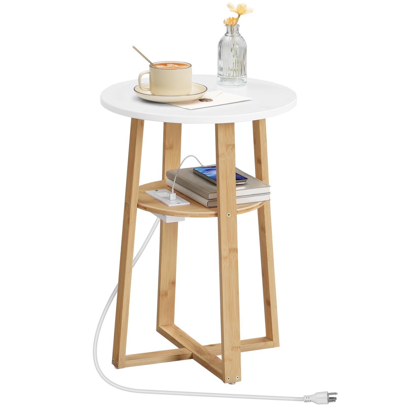 Round Side Table Charging Station Accent Bamboo Legs White Natural YW101UBZ01