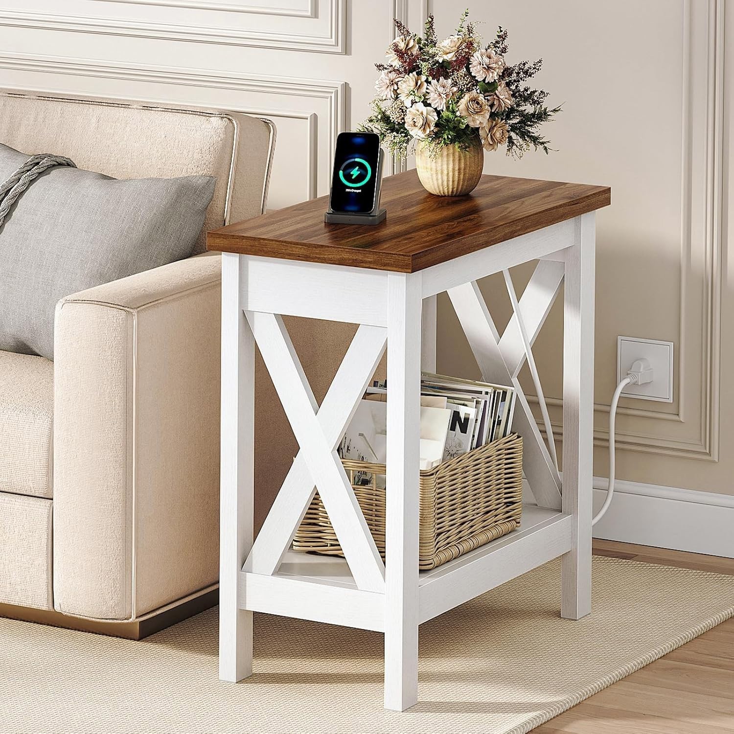 End Table with Charging Station Side Table Nightstand 23.6″L x 11.8″W x 23.6″H