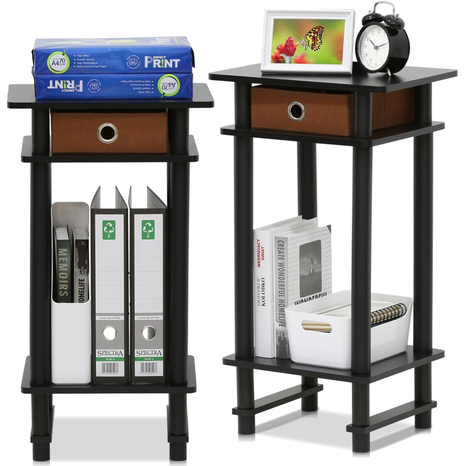 End Table 2-Pack Espresso Storage Drawer Lower Shelf