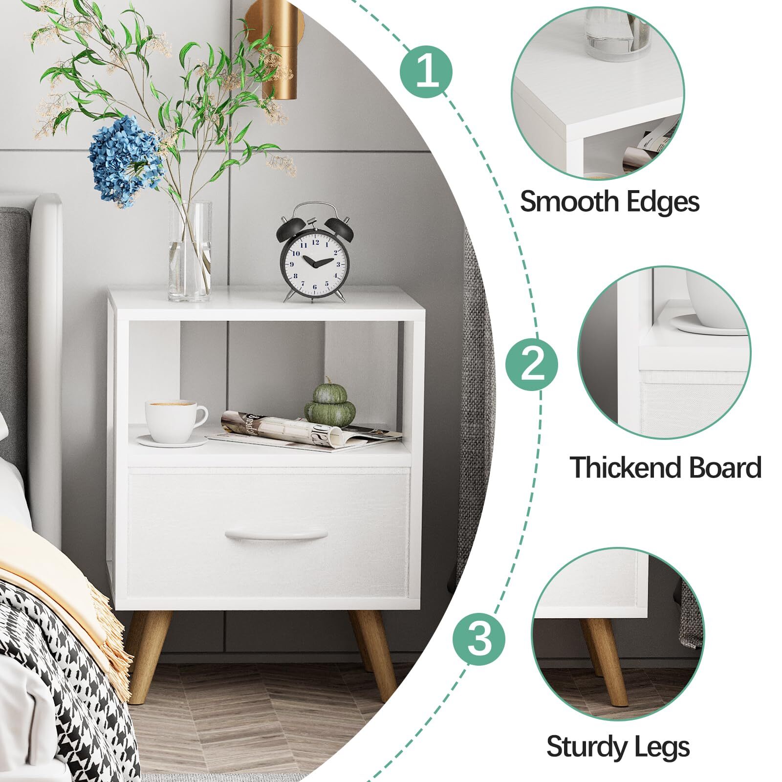 NIGHT STAND WHITE KIDS NIGHTSTAND WITH DRAWER NURSERY SIDE TABLE WITH OPEN STORA