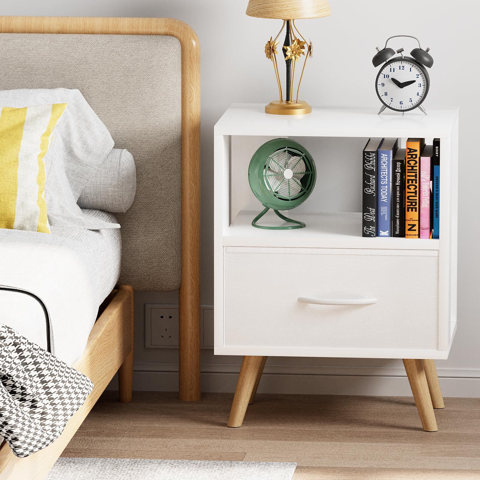 NIGHT STAND WHITE KIDS NIGHTSTAND WITH DRAWER NURSERY SIDE TABLE WITH OPEN STORA