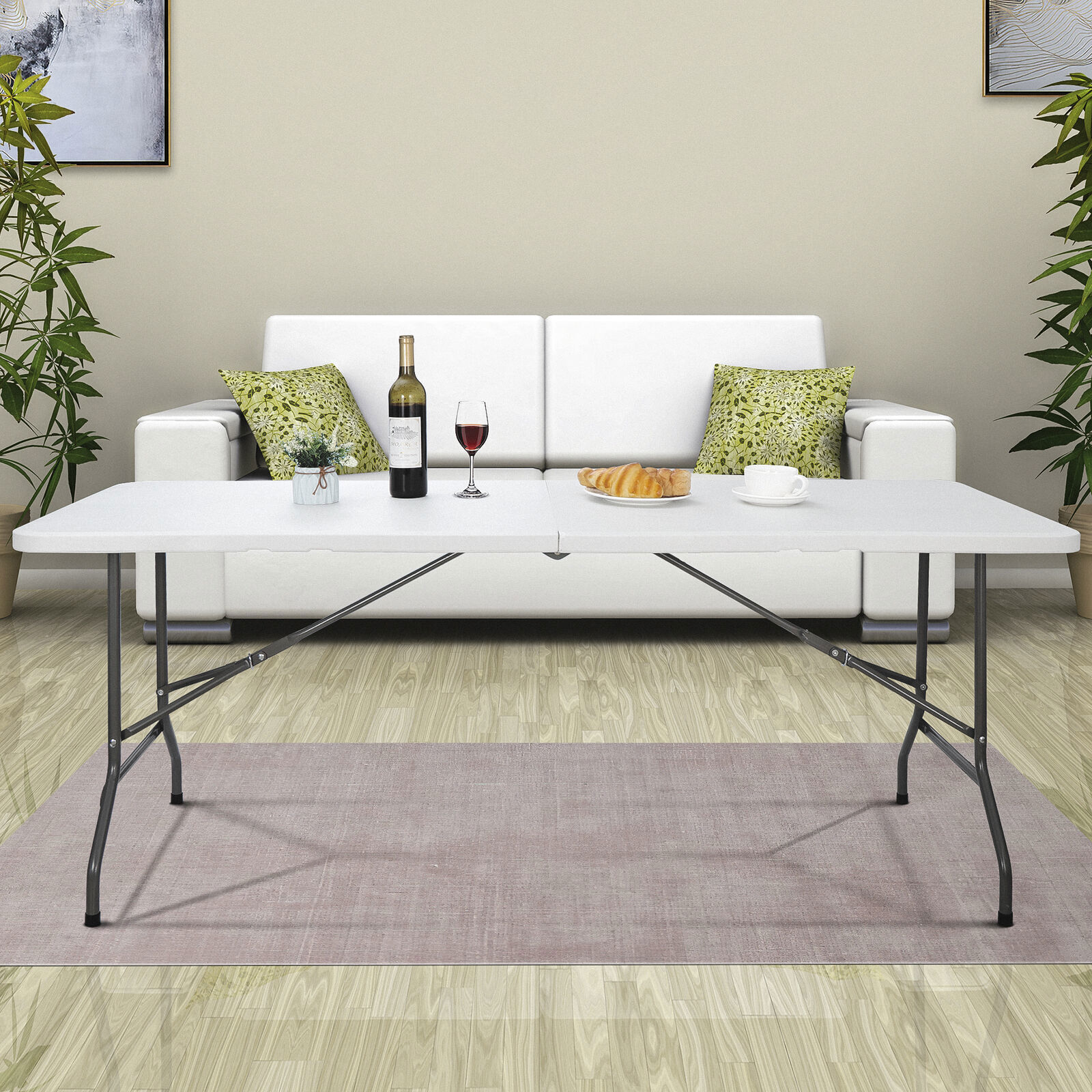 Rectangular Plastic 6 Ft Folding Table Dining Picnic Camp W/Handle 220lbs White