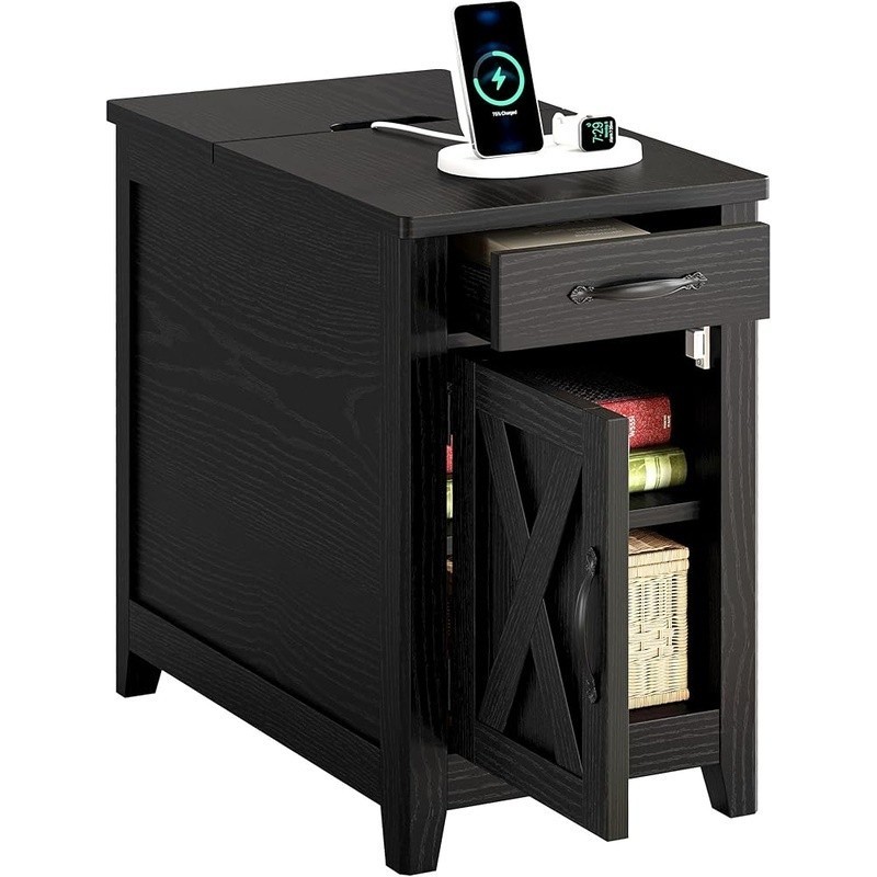 Rustic Wood End Table W/ USB Charging Station Storage & Cable Management