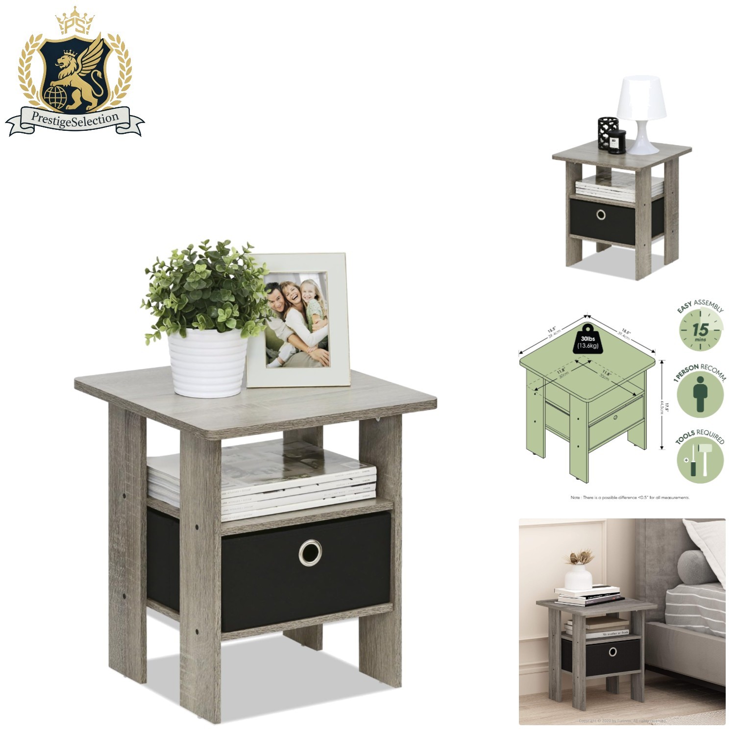 ANDREY Contemporary Side Table with Open Shelves and Storage Bin – French Oak