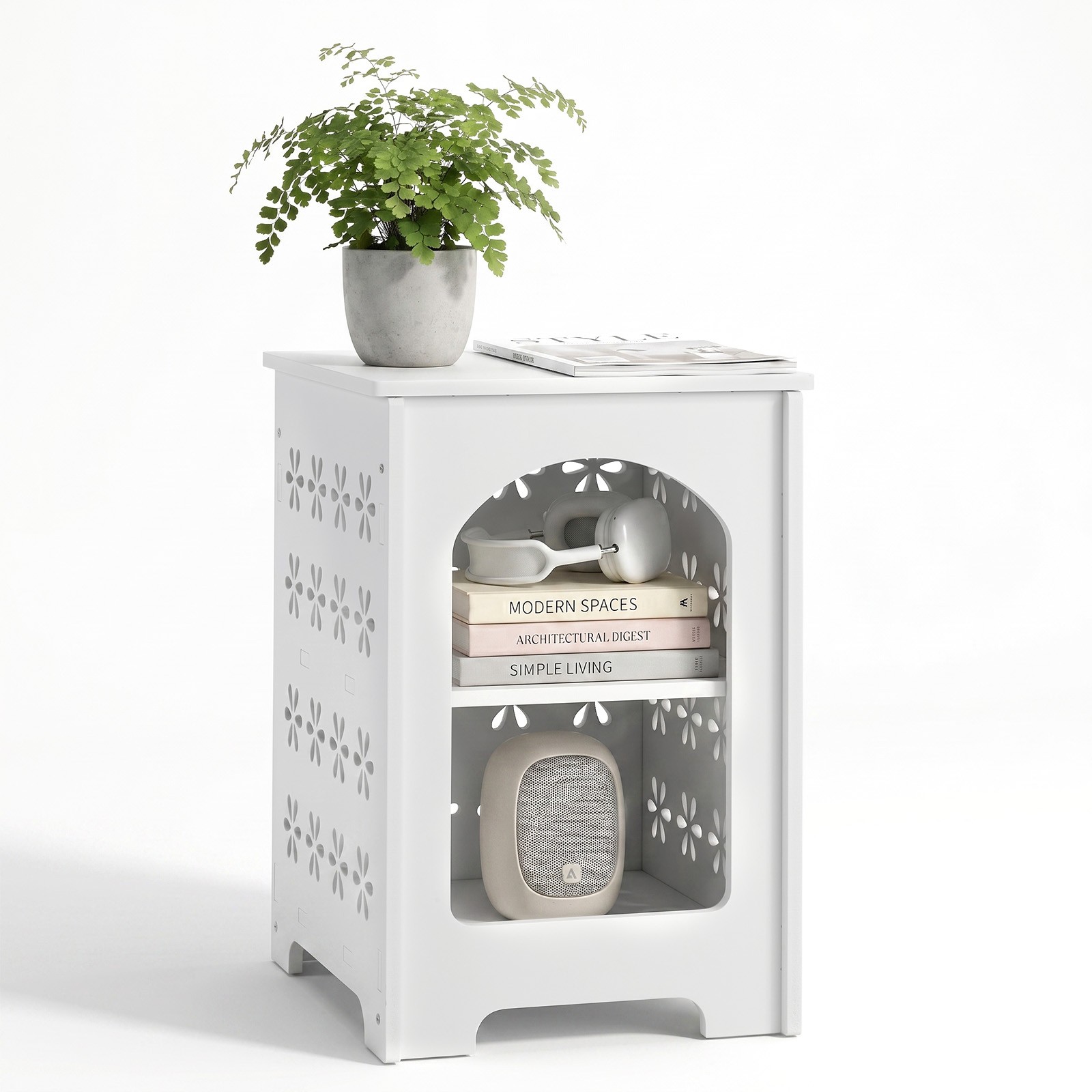 Small Side Table Living Room Bedroom PVC Bedside with Storage Rack for Indoor