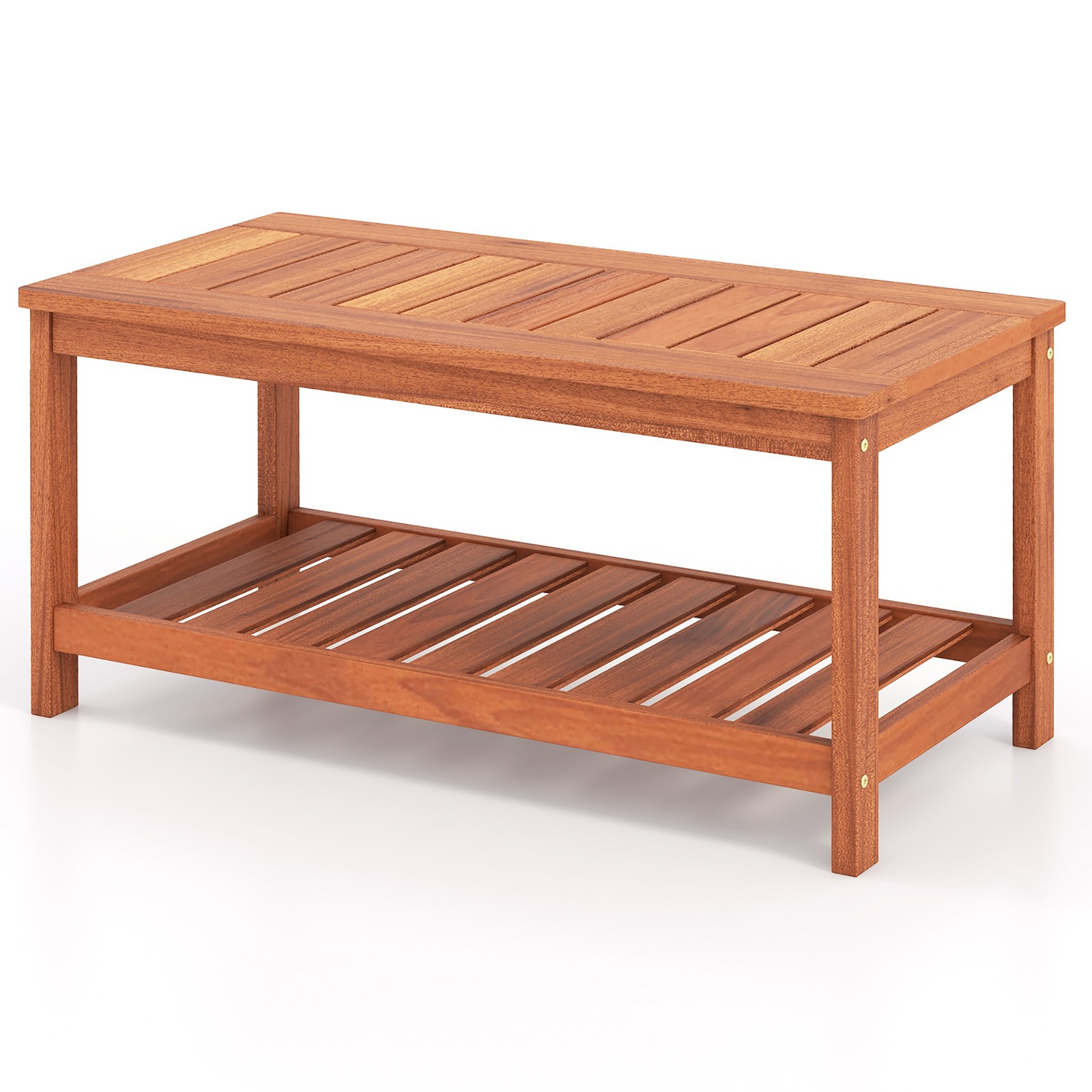 Hardwood Patio 2-Tier Coffee Table w/Slat Tabletop,Storage Shelf Natural