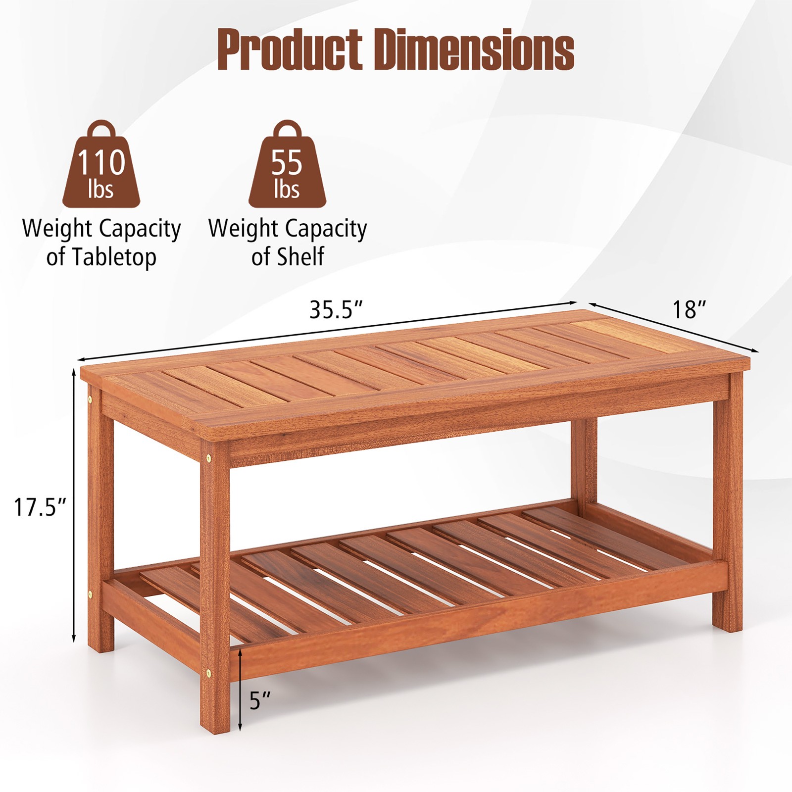 Hardwood Patio 2-Tier Coffee Table w/Slat Tabletop,Storage Shelf Natural