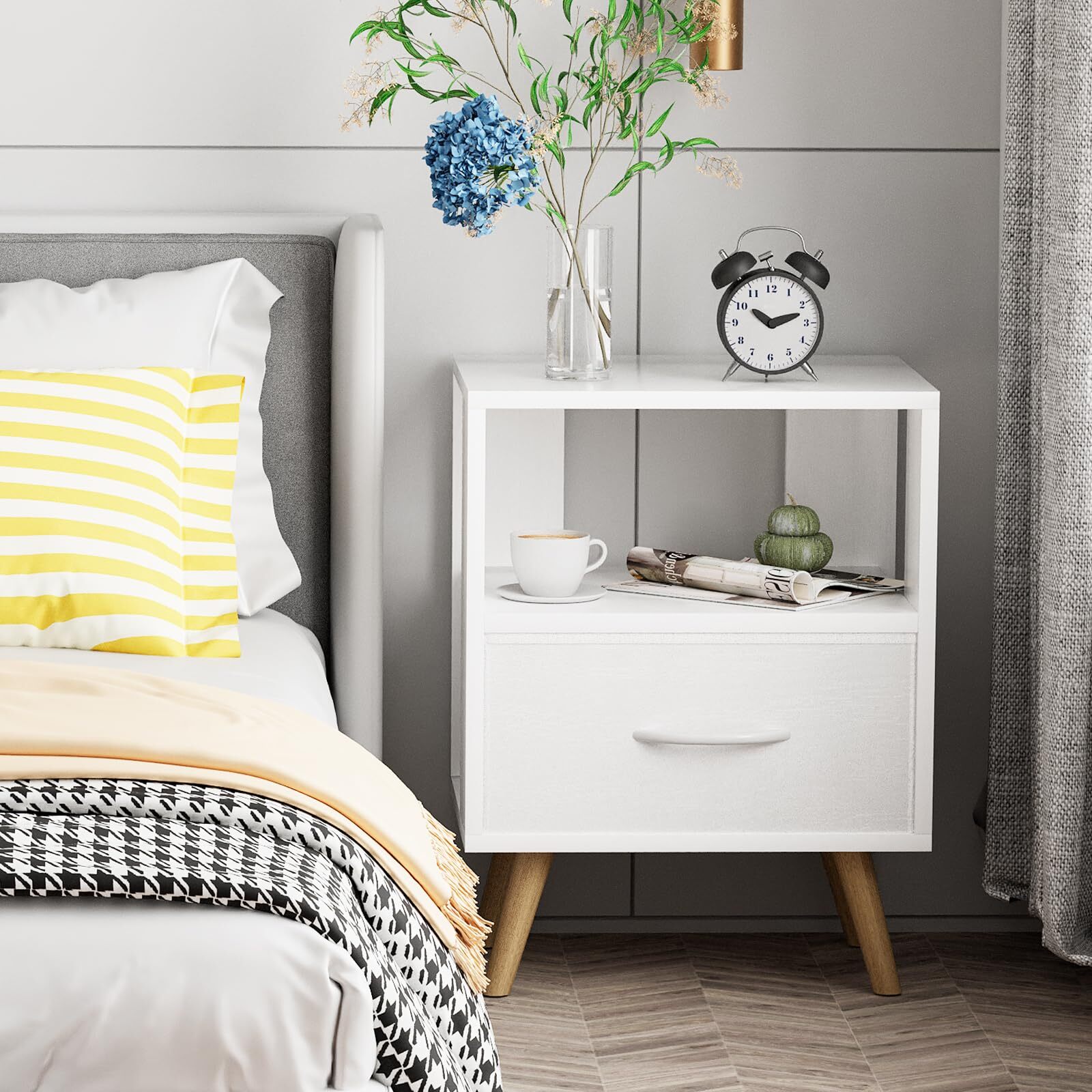 NIGHT STAND WHITE KIDS NIGHTSTAND WITH DRAWER NURSERY SIDE TABLE WITH OPEN STORA