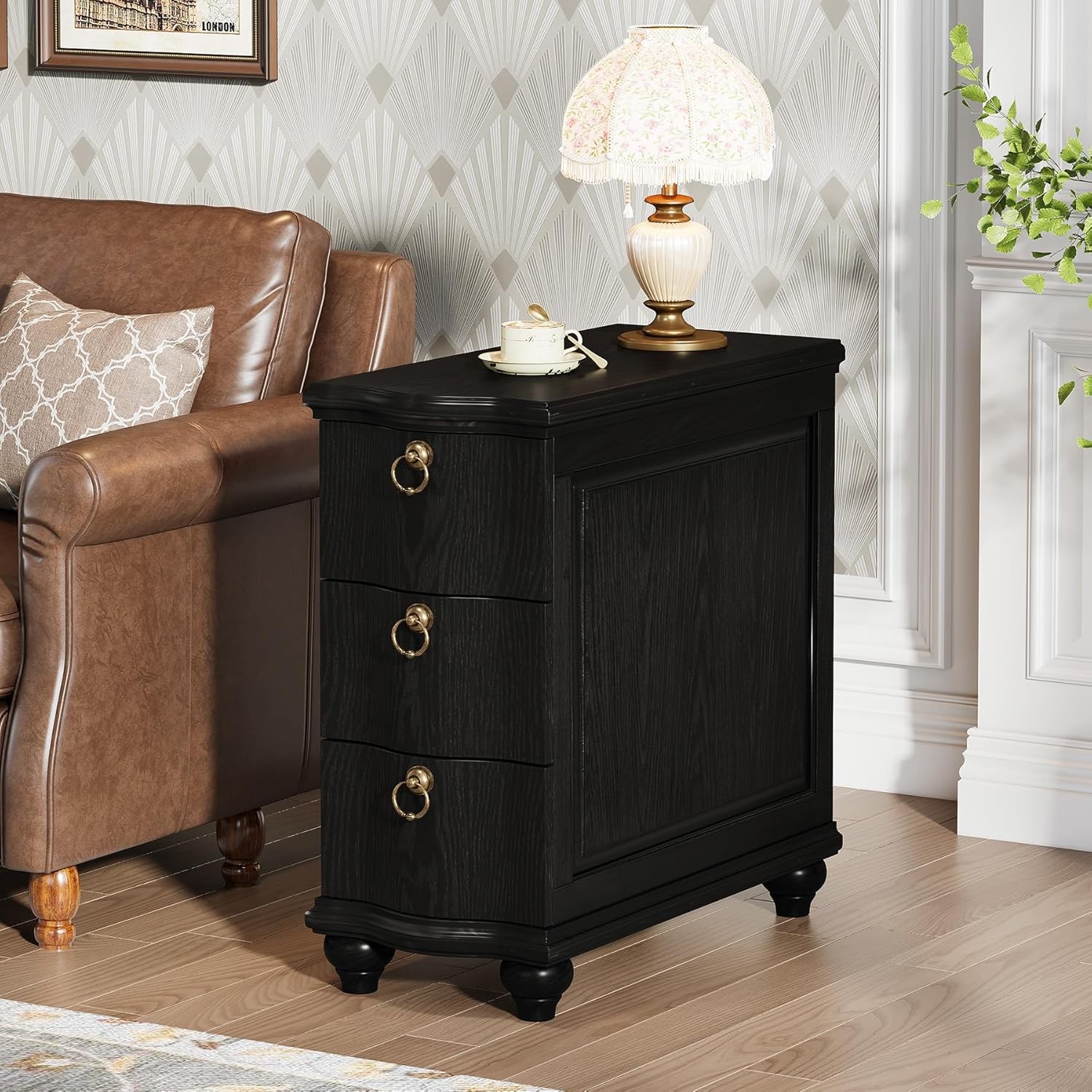 Wooden Black End Table With 3-Drawers, Fully Assembled Narrow Slim Side Table