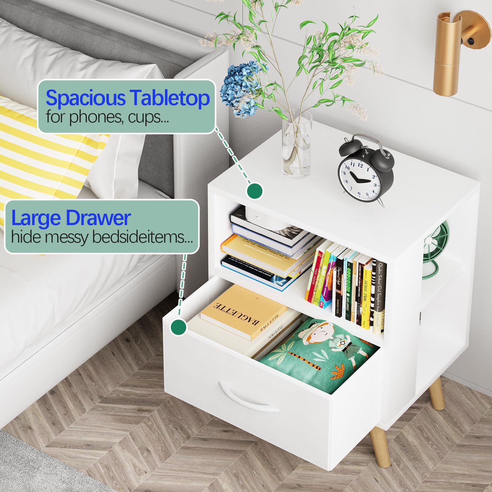 NIGHT STAND WHITE KIDS NIGHTSTAND WITH DRAWER NURSERY SIDE TABLE WITH OPEN STORA