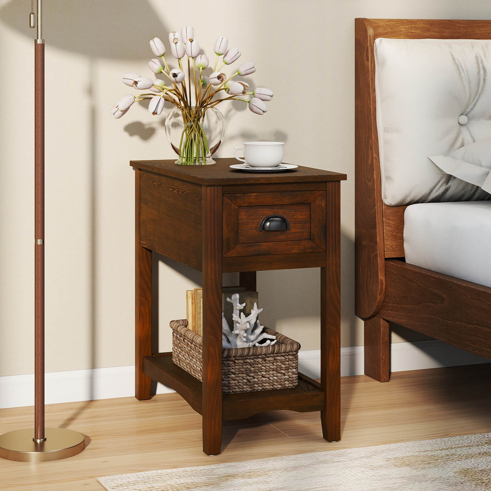 Contemporary Chair Side End Compact Table w/ Drawer Nightstand Walnut