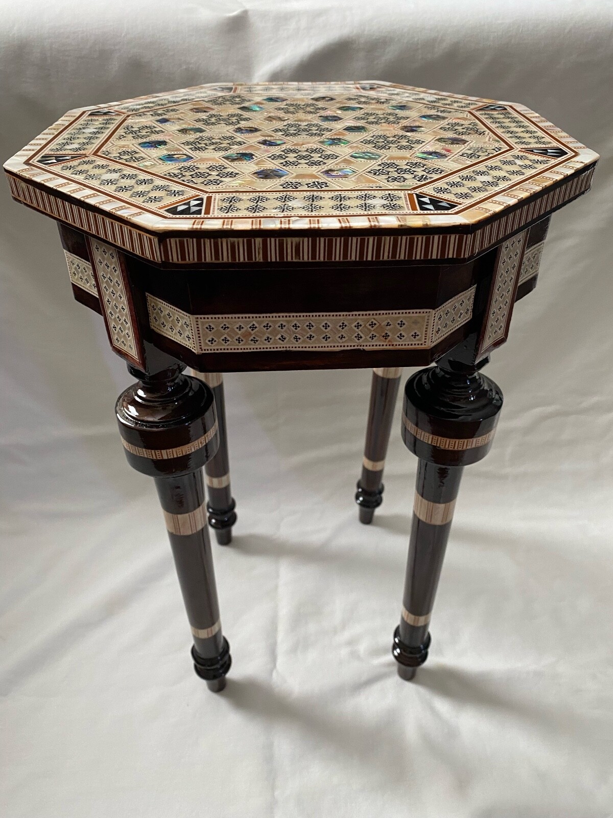 Egyptian Inlaid Mother of Pearl Paua Wood Room Table Hexagonal 12″ From Egypt