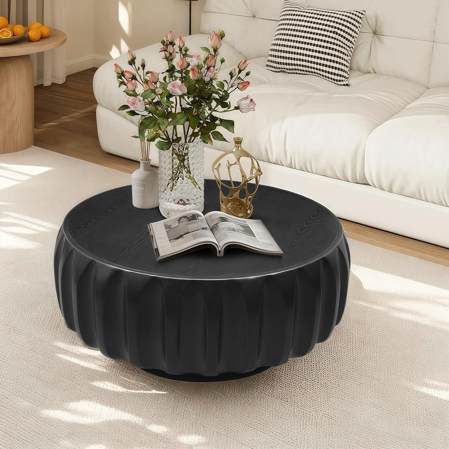 31.5″ Round Coffee Table Drum Table Contemporary Wood Fluted Centry Table